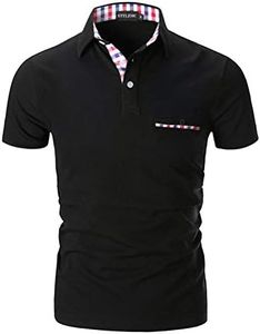 STTLZMC Mens Casual Short Sleeve Poloshirt with Fashion Plaid Splice T-Shirt,Black,L