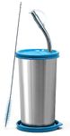 SignoraWare Sip Fast Small Stainless Steel Glass with 1 Straw and 2 Lids, 420ml, Blue