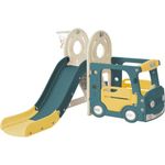 ModernLuxe 4-in-1 Kids Slide Set with Bus, Slide, Activity Ladder, Basketball Hoop, and Matching Basketball - Made of High-Density Polyethylene