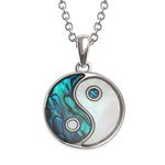 Kiara Jewellery Yin Yang Reversible Pendant Necklace Inlaid Both Sides With Bluish Green Paua Abalone Shell & Mother of Pearl on 18" Chain. Rhodium style plating.