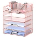 JMHUD 6-Tier Paper Letter Tray Organizer with Pen Holder, Mesh Desk Accessories & Workspace Organizers with Handle, File Sorter Office Supplies for Desk,Pink