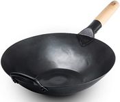 Black13 by Craft Wok Flat Pre-Seasoned Hammered Carbon Steel Wok with Wooden and Steel Helper Handle (13 Inch, Flat Bottom)