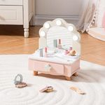 ROBOTIME Toddler Vanity Makeup Table Toy with Mirror & Light, Wooden Kids Makeup Vanity Set, Dressing Table with Accessories and Lights, Pretend Makeup Set for Little Girls