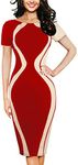 OKLICH Work Dress for Women Casual Round Neck Fitted Waist Business Pencil Dress, Red, Small