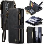 UEEBAI Wallet Case for Samsung Galaxy Z Fold 6 5G, Premium Handmade PU Leather Phone Case Card Slots Magnetic Closure Zipper Pocket Kickstand Flip Case with Hand Strap Folio Case - Vintage Black