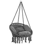 DETEX® Boho Style Hanging Circular Chair | 60cm Diameter Round Seat 150kg Capacity with 2 cushions | Weatherproof 360° Swing Seat Galvanised Steel Cotton Indoor Outdoor | Anthracite Grey