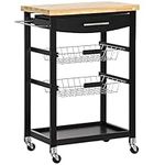 HOMCOM 3-Tier Utility Kitchen Cart with Handle Bar, Steel Basket Rolling Kitchen Island, Food Storage Service Trolley with Wheels, Rubber Wood Top, Black