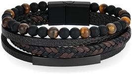 Raymard Mens Tiger Eye Black Obsidian Lava Rock Lapis Lazuli Stone Beaded Bracelet,Wrap Braided Leather Cuff Bangle Bracelet for Men,Stainless Steel Clasp-Tiger Eyes