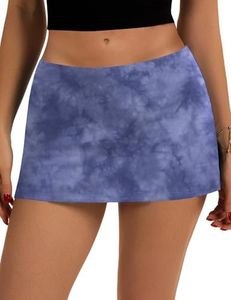 LOMON Women's Casual Micro Mini Skorts Skirt with Built-in Shorts Sexy Low Waist Athletic Skorts with Pockets Going Out Outfits Tie Dye Dusty Blue XS