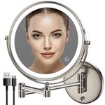 Rechargeable Wall Mounted Makeup Mirror, 8 Inch Double-Sided LED Vanity Mirror 1X/10X Magnification,3 Color Lights Touch Screen Dimmable 13 Inch Bathroom Mirror (Nickel, 10X)