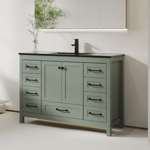 eclife 48" Bathroom Vanities with Sink Combo, Modern Thickened Wood Bathroom Storage Cabinet w/Undermount Black Single Sink, Matte Black Faucet Drain, Gray Green