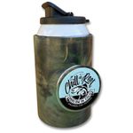 Chill-N-Reel Fishing Can Cooler (from Shark Tank) | Hard Shell Drink Holder with Hand Line Reel Attached | Fits Any Standard Insulator Sleeve or Coozie | Unique Fun Fishing Gift (Camo & Spill Guard)