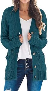 MEROKEETY Women's 2024 Fall Long Sleeve Cable Knit Sweater Open Front Cardigan Button Loose Outerwear Teal