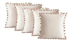 Knotting Home Velvet Tassels Fringe Design Cushion Cover 12 X 12 Inches (30x30cm) Set of 5 Large Square Throw Pillow Covers for Sofa Living Room in Beige Color