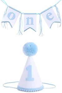 Boys 1st Birthday Hat and Highchair Banner - Blue and White Party Decoration (BAI LAN TAO CAN)