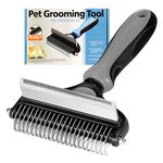 Qpets® Dog Brush Dogs Comb, 2 in 1 Deshedding Tool & Dematting Undercoat Rake for Mats & Tangles Removing, Dog Grooming Kit Pet Brush Great for Short to Long Hair Small Large Breed, Grey