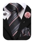Hi-Tie Black Pink Mens Ties Silk Ties for Men Dress Necktie Flower Lapel Pin Pocket Square Cufflinks Set in Gift Box