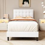 alazyhome Twin Size Upholstered Platform Bed Frame with Button Tufted Linen Headboard Wood Slat Support Easy Assembly No Box Spring Needed White