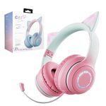 Daemon Headphones, Bluetooth Wireless Headphones for Kids Teens Adults, Over-Ear Bluetooth Headphones with Microphone, Cat Ear Headphones for Girls Women (Pink with Mic)