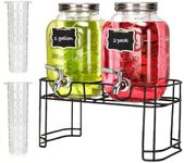 Drink Dispensers with Stand for Parties, 1 Gallon Glass Beverage Dispenser with Stainless Steel Spigot, 2 Pack Large Drink Dispenser with Ice Core for Lemonade Juice, Sangria Dispenser