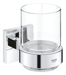 GROHE Start Cube Crystal Glass with Holder - Wall Mounted Toothbrush Holder (Material: Glass and Metal, Concealed Fastening, with Screws and Dowels), Easy to Fit with GROHE QuickGlue, Chrome, 41097000