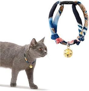 Necoichi Chirimen Cat Collar with Clover Bell (Navy) with Bell Safety Breakaway Soft Lightweight for Cats Kitty Kitten Japanese Stylish Pattern, No.1 Seller in Japan