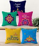 HOOPY Set of 5 Designer Decorative Throw Pillow/Cushion Covers (16 inch x 16 inch, Happy Diwali Print)