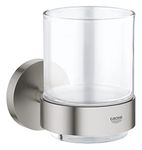 GROHE Start QuickFix Crystal Glass with Holder (Metal and Glass, Concealed Fastening, Including Screws and Dowels, Easy to Fit with GROHE QuickGlue), Size 106 x 99 mm, Stainless Steel Look, 41194DC0