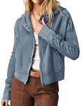 Les umes Womens Zip Crop Waffle Knit Hoodies Casual Short Long Sleeve Sweatshirt Tops with Pockets Blue L