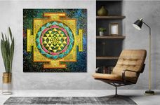 Namaste Home - Canvas Painting - Sri Yantra Gold and stars - Indian God - Canvas Painting - for Home and Office Decoration Wall Painting Without Frame(Cotton Canvas, Small Size 16X16 Inches, Multicolor)