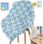 Coopay 3D Blanket Crochet Kit for Beginners, All-in-One Granny Square Blanket Kit with Step-by-Step Video & Enough Yarns - Master 3D Granny Square Crocheting Easily, Ideal Gift for Craft Lovers (Blue)