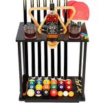 Onemacc Pool Cue Rack Floor Stand, Pool Stick Holder Holds 9 Cue, 100% Solid Wood Billiard Cue Holder/Ping Pong Paddle Together, Billiards Accessories Storage for Game Room Club or Men Cave, Black