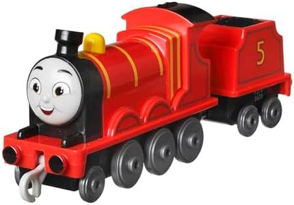 Thomas y sus amigos Locomotora James, Tren de juguete rojo con 1 vagón de carga y conectores, compatible con las pistas de vías, juguete regalo para niños y niñas +3 años, HDY62