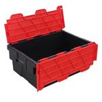 Plastor Pack of 5 - Plastic 45 Litre Heavy Duty Storage Box Tote Crates (60 x 40 x 25.5cm) Black Body with Red Attached Hinged Lids