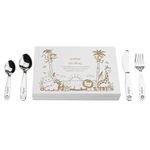 LAUBLUST Personalized Flatware Utensils Set - Jungle - Engraved with Name | New Born Baby & Toddler Gift - White Wooden Box & Spoons and Forks Stainless-Steel 4 pcs. Set | Made in Germany