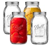 Regular Mouth Mason Jars 32 oz - (4 Pack) - Ball Regular Mouth 32-Ounces Quart Mason Jars With Airtight lids and Bands - Clear Glass Mason Jars For Storage, Canning, Fermenting, Overnight Oats, Cold Brew Coffee, Freezing + M.E.M Rubber Jar Opener Included
