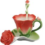 YBK Tech Creative 3D Rose Bone China Ceramic Coffee Mugs Afternoon Tea Cup and Saucer Set (Red)