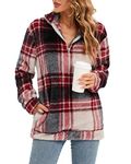 wkwmrpet Women's Plaid Sherpa Fleece Zip Sweatshirt Long Sleeve Pockets Pullover Jacket Grey Red