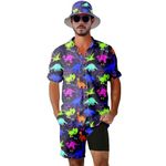 VUGOTU Men's 2 Piece Tracksuit 80s 90s Outfit Button Down 80s Shirts and Shorts Sets with Bucket Hats, Funny Dinosaurs, Large