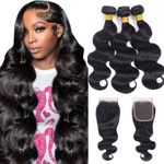 10A Brazilian Virgin Hair Body Wave 3 Bundles with Closure (12 14 16+10"Closure) Virgin Brazilian Remy Human Hair Bundles with Closure 100% Unprocessed Remy Hair Bundles with Closure Natural Color