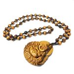 Natural Tiger Eye Stone Jade Money Buddha Pendant Necklace Fashion Jewelry Carved Amulet Luck Gifts for Women Men Sweater Chain, Zinc, genrics