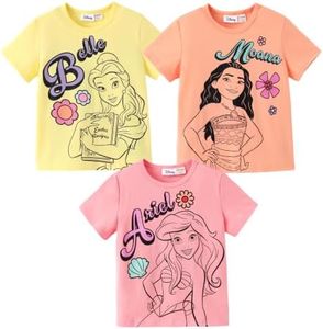 Disney Princess Belle Moana Ariel Girls 3-Pack Graphic T Shirts Summer Short Sleeve Tee Tops for Little Girls Character Printed Crewneck Shirts 2 Years