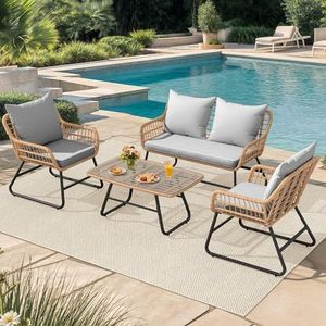 YITAHOME 4-Piece Patio Furniture Set, Wicker Outdoor Bistro Set, All Weather Rattan Patio Conversation Set with Soft Cushions and Glass Side Table for Backyard, Balcony, Deck - Light Grey