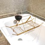 PLKO Bathtub Tray,Stainless Steel Shower Bathtub Caddy Tray with Removable Book Holder Red Wine Rack Holder , for Home Kitchen Bathroom,Gold