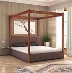 STRATA FURNITURE Solid Sheesham Wood King Size Poster Bed with Box Storage Wooden Upholstered Double Bed for Bedroom Living Room Home (Honey Finish)