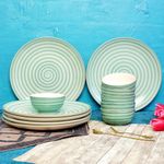 Freakway Hand-Painted 'Sea Swirls' Ceramic Dinner Set of 12 Pieces | 6 Ceramic Dinner Plate and 6 Bowl/katori | Bone Ash Free | Microwave and Dishwasher Safe - Green