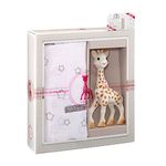 Sophie la girafe Sophiesticated Original Teether with Cotton Blanket Swaddle Gift Set, 100% Natural Rubber Baby Teething Toy, Baby Gift Box Set with Gift Bag and Card