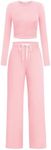 PINSPARK Fall Outfits for Women 2024 Crop Tops Elastic Waist Wide Leg Pants 2 Piece Matching Lounge Sets Comfy Vacation Tracksuit, Pink XL