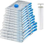 Amazon Basics Vacuum Compression Zipper Storage Bags with Airtight Valve and Hand Pump, 3x (Jumbo, Large, Medium, Small), 12-Pack, Multiple, Clear