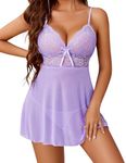 Avidlove Lingerie for Women Lace Babydoll Dress Sexy Strap Chemise V Neck Sleepwear Lilac S